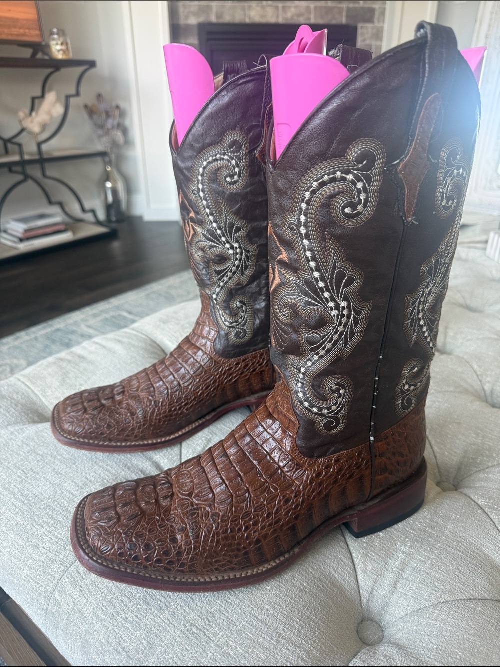 Ferrini 10.5 Brown Crocodile Leather Western Boots with Embroidered Shaft